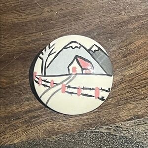 Ceramic Handpainted Brooch Vintage Winter Scenery
